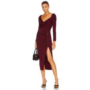 NWT Self Portrait Long Sleeve Ribbed Knit Side Slit Midi Dress Red Black Small